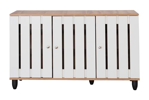 Image of DeckUp Plank Minang 3-Door Engineered Wood Shoe Rack (Wotan Oak And White, Matte Finish), 34X114X68 Cm