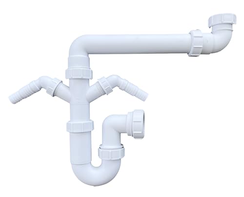 Multi-Fit Single Bowl Sink Waste Kit Space Saving - 1.1/2" 40mm Single Bowl P Trap Kit with Twin Washing Machine Waste Splitters, Sink Waste Kit BS EN 247-1:2002 75mm Water Seal