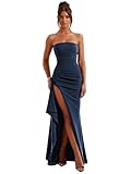 petyoo Navy Blue Prom Dress with Slit Long Mermaid Strapless Ruffled Slit Bodycon Tight Formal Cocktail Dresses for Women Size 0