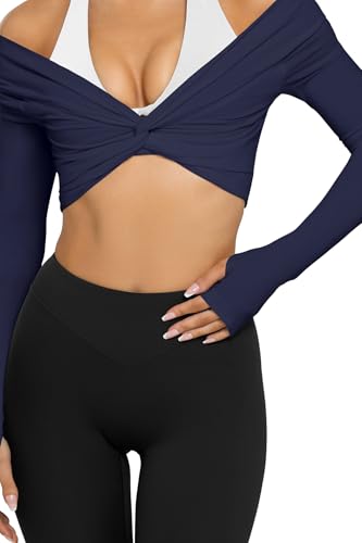 LASLULU Womens Long Sleeve Workout Tops Sexy Off the Shoulder Twist Front Bolero Shrugs Yoga Gym Ballet Wrap Tops Pilates Outfits (Navy Blue, Medium) — view 5