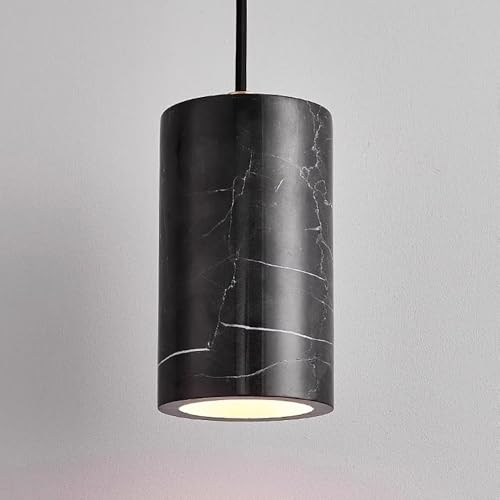 Image of COSRUB Modern Marble Hanging Lamp, Cylindrical Natural Stone Chandelier Minimalist Single Adjustable Pendant Light Fixtures for Bedroom Bedside Kitchen Island(Black)