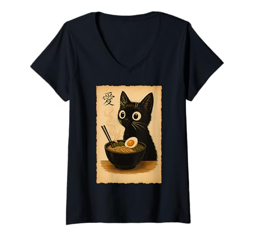 Femme T-shirt graphique animé japonais Kawaii Funny Cat Ramen Cool T T-Shirt avec Col en V