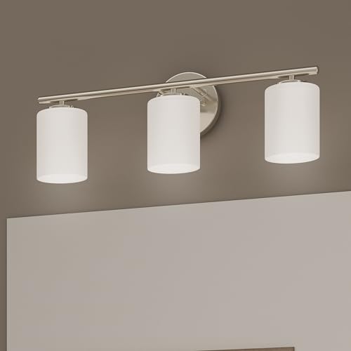 Image of Replay Collection 3-Light Etched White Glass Modern Bath Vanity Light Brushed Nickel