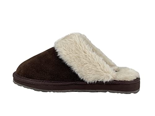 Image of Clarks Womens Open Back Suede Leather Comfort Clog Slipper JMS0583C - Plush Faux Fur Trim - Indoor Outdoor House Slippers For Women