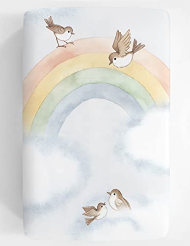 Image of Mini Crib Sheet, Pack n Play or Playard Crib Sheet by Rookie Humans: 100% Cotton Sateen. Use as a Photo Background for Your Baby Pictures. Fits Mini Crib Size (38x24 inches) (Rainbow & Birds).