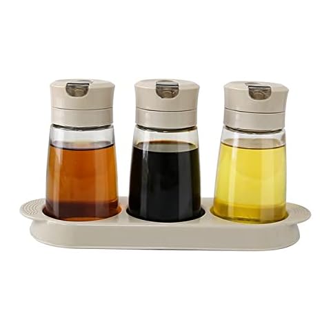 TIAN CHEN Oil and Vinegar Dispenser Set, Auto Flip Cap Soy Sauce Bottles, 3 in 1 Leakproof Glass Cooking Oil Container with Base 8.5 oz, Small(8.5OZ, Apricot) Cover