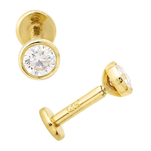 16G 14K Yellow Gold Bezel Set 3mm Moissanite Labret Monroe Stud 6mm Post Flat Disk Bottom Lip Ring Tragus Stud Internally Threaded 14KLBRT-BZ30MNT6YG