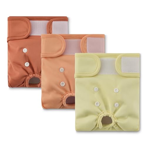Amazon Basics Washable Dog Diapers, Highly Absorbent, Female, S Size, 3 Pack, 15.1“ x 10.9” x 0.21“, Colors- Cinnamon, Peach, Pale Olive