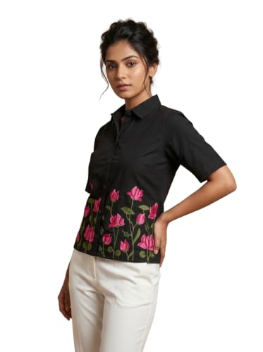 Image of Stylish Women's Embroidered Shirts | Geometric Pattern Half Sleeve Collared Button-Up Casual Shirt for Women