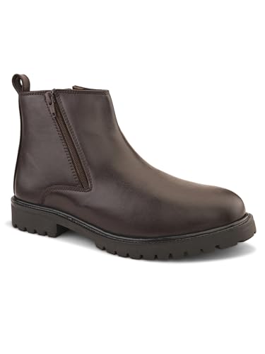 Image of STANPHORD mens Chelsea Boot STANPHORD Men's Brown PU High-Top Chelsea Boots | Round Toe Slip-On Ankle-Length Shoes | Stylish Formal & Casual Office Wear Boots | Comfortable Durable Everyday Footwear TPZN 2201 BROWN-10