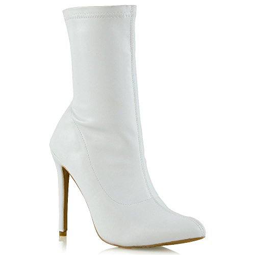 Essex Glam Womens High Stiletto Heel White Synthetic Leather Pointed Toe Ankle Boots 6 B(M) Us #TOP24
