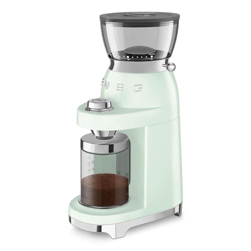 Image of SMEG CGF03 Burr Coffee Grinder, Electric Conical Burr Grinder with 15 Grind Settings, 8 Presets, 240g Bean Hopper, Espresso, Moka & Drip Coffee Grinder, 50's Retro Style (Pastel Green)