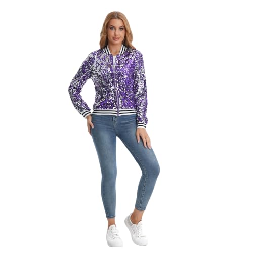 AGCOAH Sparkly Jackets for Women Purple Sequin Jacket Tinsel Jacket Cardigan Sweatshirt Party Purple-XXL