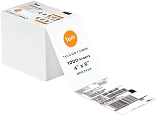 Tera BA0003 4"x6" Thermal Shipping Labels (Fanfold 1000 Labels/Stack) BPA Free Smudge Free Printing Fanfold Labels Compatible for Various Printers, Permanent Adhesive Address Labels