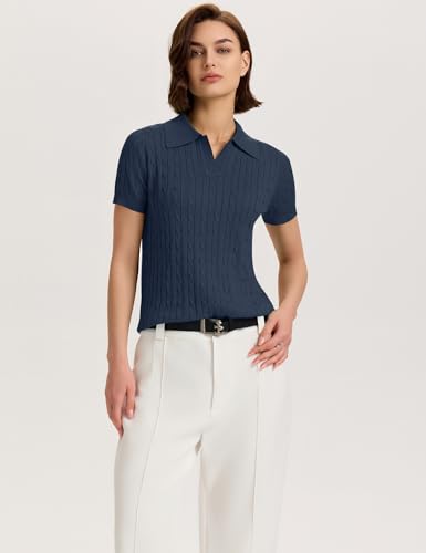 Image of Micoson Womens Short Sleeve Sweater Tops Lapel V Neck Polo Shirts 2026 Summer Cable Knit Loose Blouse Business Casual Outfits