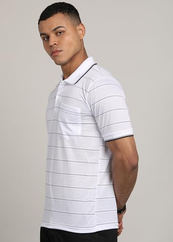 Image of INKKR Men Striped Polo Neck Cotton Blend T-Shirt