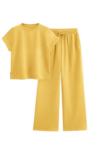 PRETTYGARDEN 2 Piece Outfits For Women Casual Tracksuit Short Sleeve Tops And Wide Leg Long Pants Matching Lounge Sets(Yellow,Large)
