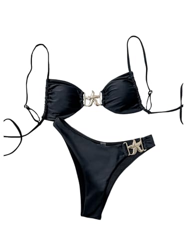 MakeMeChic Women's Bikini Sets Metal Ring Ruched Tie Backless Bathing Suit Swimsuits