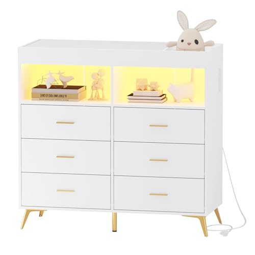 Image of Babevy Changing Table Dresser with Drawers, Baby Dresser with Changing Table Top, Power Outlet, LED Light & Metal Feet, Diaper Changing Station Nursery Organizer for Infants Newborn, White
