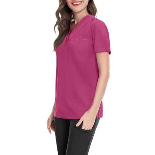 Image of FONMA Scrub Tops Women Plus Size Stretchy V-Neck Scrub Shirts with 4 Pockets Breathable Short Sleeve Nurse Uniforms