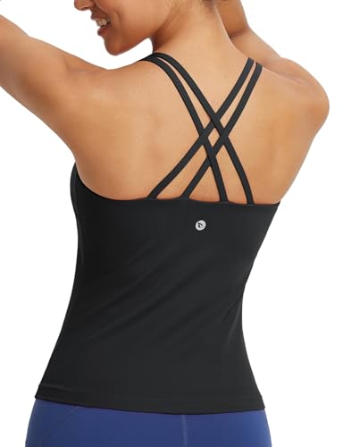 baleaf Women's Workout Tank Tops with Wireless Padded Yoga Crop Longline Sports Bras Double Spaghetti Strap3