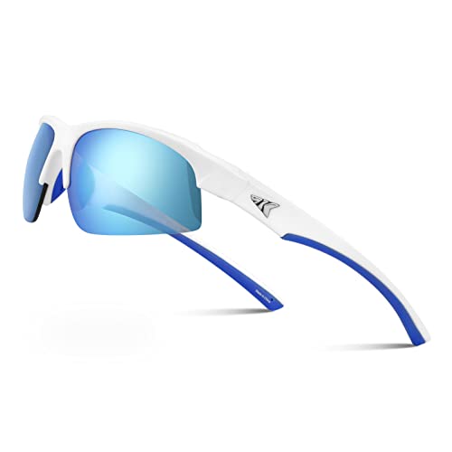 Kastking Cuivre Polarized Sport Sunglasses For Men And Women, Gloss White Frame, Smoke Base Ice Blue Mirror #TOP17