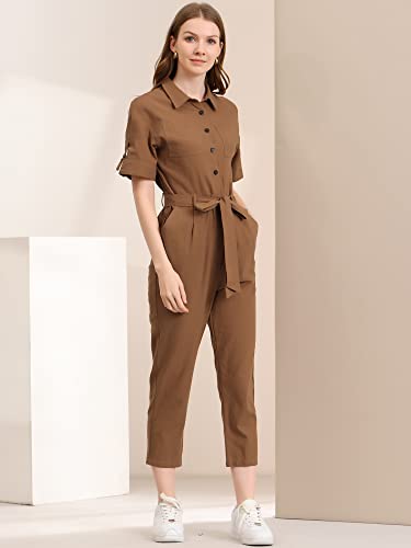 Allegra K Women's Short Sleeve Collared Cropped Coverall Button Down Tie Waist Cotton Cargo Jumpsuit Small Brown #TOP2