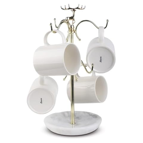 BCS Mug Holder with Marble Base - 6 Hooks Mug Rack Coffee Cup Storage Tree Jewelry Display Stand Holder for Countertop Cover