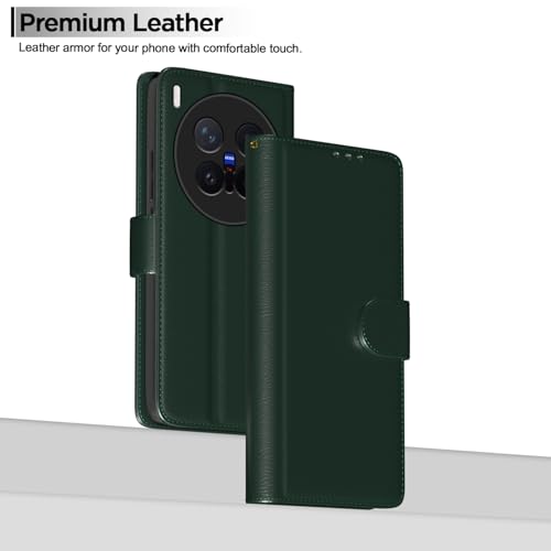 Image of Amazon Basics Flip Cover for Vivo X300 Pro 5G Leather Finish | Wallet Stand and Shock Proof | Inside TPU with Card Pockets | Complete Protection Flip Case (Green)