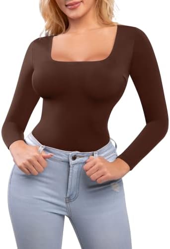 Popilush Square Neck Bodysuit for Women Long Sleeve Thong Shapewear Built In Bra Basic Jumpsuit Clothing Black/Brown
