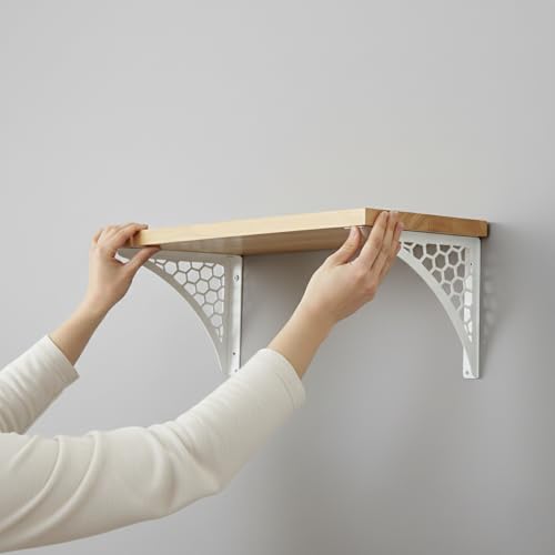 Image of Wall Shelf with Wooden Top Black|White Iron Brackets Storage Rack|Industrial Wall-Mounted Floating Shelf for Living Room,Kitchen,Bathroom (White Hexagon Small)