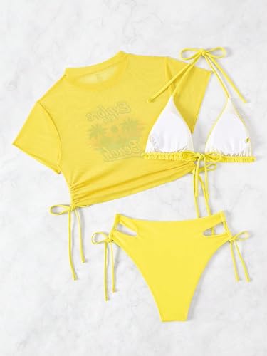 Image of Sexybody Women's 3 Piece Swimsuit Halter String Bikini Tie Side Mesh Short Sleeve Bathing Suits