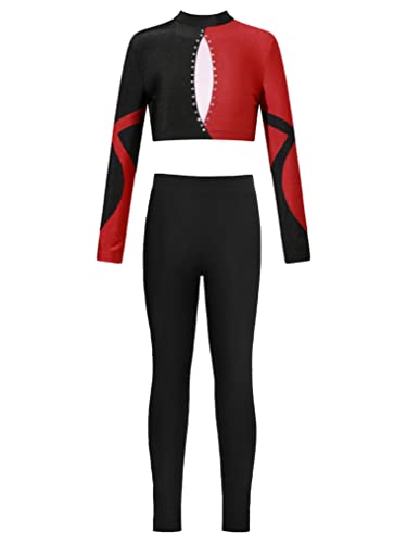 Kids Girls Long Sleeve Rhinestone Gymnastic Leotard with Mid Waist Legging Pants Ballet Dance Outfit Tracksuit