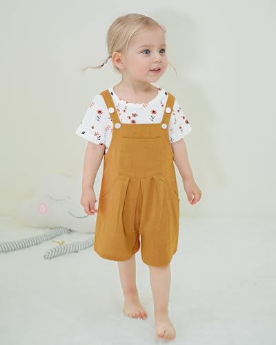 ZOEREA Toddler Girl Clothes, 2Pcs Baby Girl Outfits Spring/Summer Stripe/Floral T-Shirt+Bib Overall Shorts Clothing Set 1-5T (Yellow A, 18-24 Months)