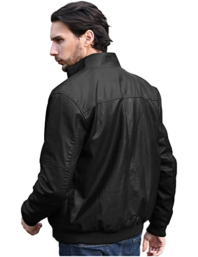 WenVen Men's Stand Collar Fleece Lined Bomber Faux Leather Jacket4