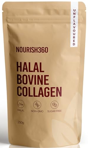 NOURISH360 Halal Bovine Collagen Powder 250g - Pure Premium Hydrolised Bovine Peptides - Unflavoured - Additive & Sugar Free - Keto, Paleo & Low Carb Friendly – for Men & Women