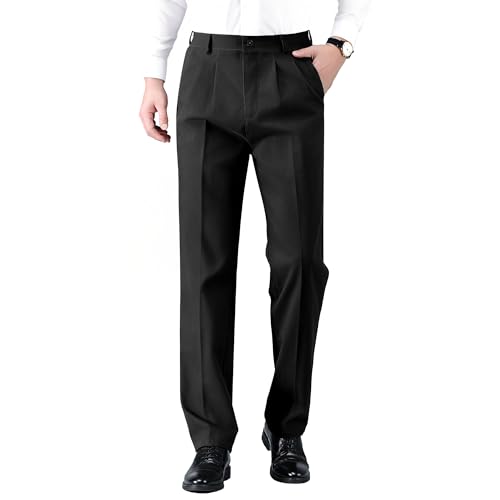 Misfuso Pantalon Homme en Coton Anti-Rides Tube Droite Pantalon Homme Habillé Extensible et Infroissable Coupe Classique Noir 48