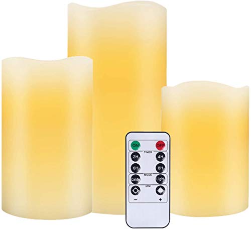 Nancia Flameless Candles Battery Operated Candles 4  5  6  Set of 3 Ivory Real Wax Pillar LED Candles with 10-Key Remote and Cycling 24 Hours Timer