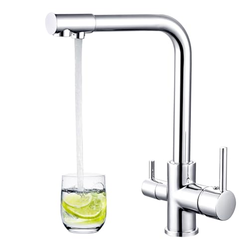 Sistaby 3 Way Kitchen Tap Chrome 3 in 1 Water Tap Filter for Kitchen Sink Taps with Drinking Water Filtered Outlet Dual Lever Kitchen Mixer Tap 360° Swivel Triflow Clean Water Tap