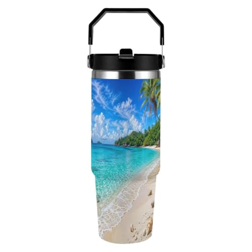 Chdgfs Turquoise Island Beach Palm Coast Landscape 30oz Stainless Steel Travel Tumbler with Handle for Car Cup Holder
