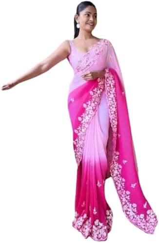Sari indien en georgette violette KULIA avec chemisier brodé non cousu, taille L, couleur Rose 1