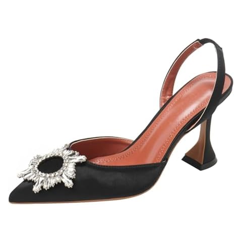 VARECOLA Women Crystal Satin Pointed Toe Pumps Shoes Triangle High Heeled Slingback Sandals Cover