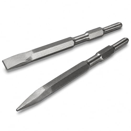 XtremepowerUS 2-Pieces Point and Flat Concrete Chisels for Electric Demolition Jack Hammer 5/8" Hex Shank 2pc Chisel Bit Set,Silver