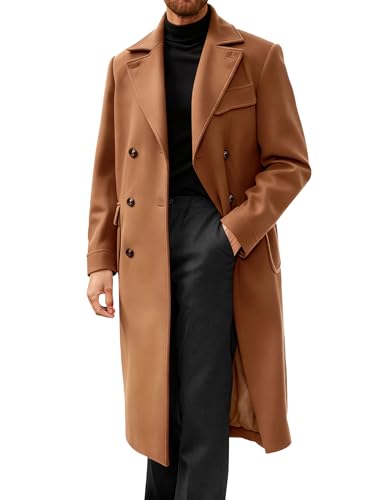Image of Runcati Mens Trench Coat Notch Lapel Double Breasted Peacoat Wool Blend Casual Long Overcoat