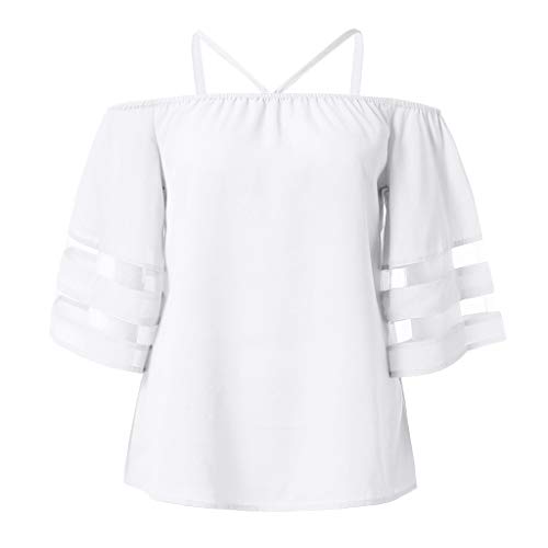 Women 3 4 Bell Sleeve Blouse Off Shoulder Shirt Mesh Panel Sleeve Tunics Tops Summer Loose T Shirts Solid Color Tees Tops (White, M)