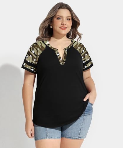 Image of CARCOS Plus Size Tops for Women Short Sleeve Summer Pullover Color Block Crewneck /V Neck Tee Tunic Loose Fit Tshirts XL-5XL
