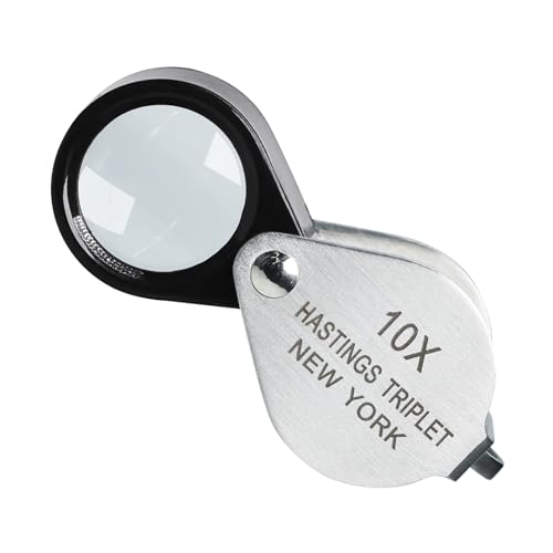 Jewelers Loupe Magnifier 10x Hasting Triplet 16mm (0.63") Optical Glass Bright Clear Lens Stainless Steel Mini Foldable Loupe for Gems, Jewelry, Coins, Stamp, Watch Repair etc