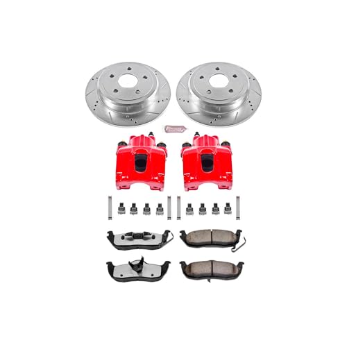 Image of PowerStop Rear Brake & Caliper Kit for Jeep Commander 2006-10 | Jeep Grand Cherokee 2005-10 - Drilled & Slotted Disc Rotors + Z36 Brake Pads + Red-Powder Coated Calipers, KC2221-36