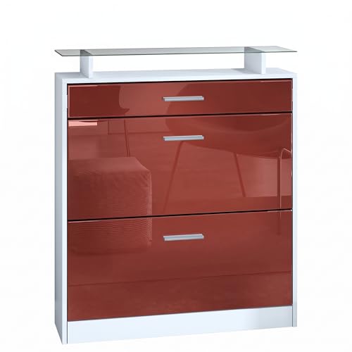 Vladon Meuble Chaussure Loret, Étagère à Chaussures pour 16 Paires de Chaussures avec 2 clapets à Bascule, 1 tiroir et 1 Tablette en Verre, Blanc...