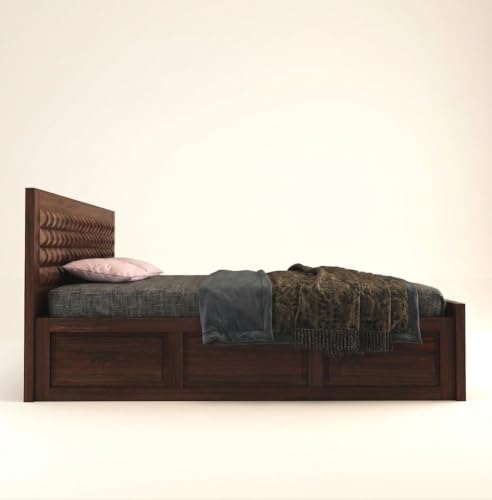 Image of Diamond Solid Sheesham Wood Queen Size Bed with Storage & Bedside|Wooden Box Queen Size Double Cot Bed with Storage Box+2 Side Tables for Home, Bedroom,Living Room,Hotel|Walnut Finish
